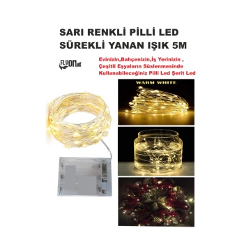 Sarı Işıklı  Pilli Led Işık 5m Ev, Bahçe, Ofis , Çeşitli Eşya Süsleme Led Şerit Işık 5 Metre
