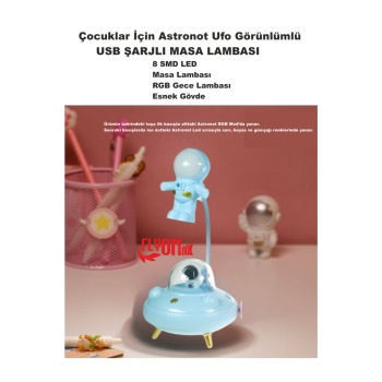 Çocuklar İçin Astronot Ufo Görünlümlü Şarjlı Masa Lambası 3 Fafklı Işık Modlu 8 Smd LED Esnek Gövde