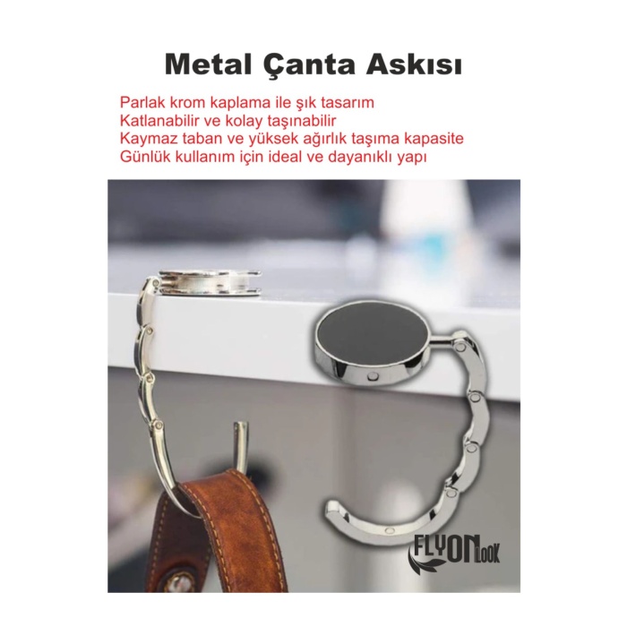 Kişiye Özel İsimli Metal Krom Kaydırmaz Taban Masa Altı Çanta Askısı Portatif Şık Katlanabilir