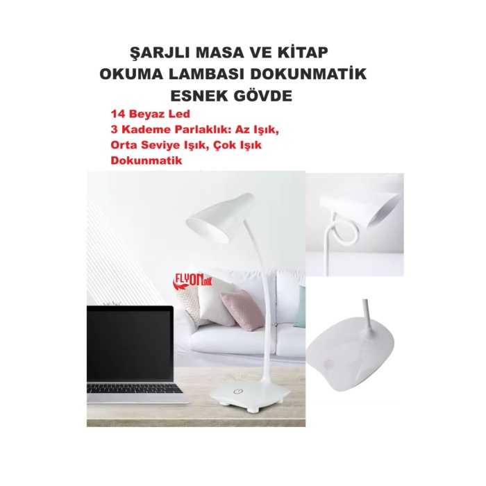 Şarj Edilebilir Dokunmatik Masa Lambası  Kitap Okuma Işığı Led Çalışma  Okuma 3 Modlu Kademe Işık
