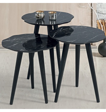 3Lü Yaprak Ahşap Zigon Sehpa Siyah Mermer B4