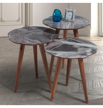 3Lü Yaprak Ahşap Zigon Sehpa Bej Mermer B5