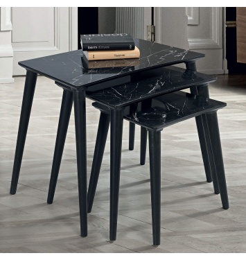 3Lü Siyah Mermer Dikdörtgen Ahşap Zigon Sehpa E4