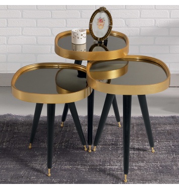 3Lü Siyah Aynalı Yuvarlak Zigon Sehpa Gold Çerçeveli Ahşap Lüx Ayaklı D1