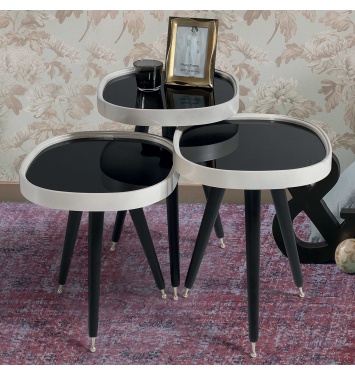 3Lü Siyah Aynalı Yuvarlak Zigon Sehpa Gümüş Çerçeveli Ahşap Lüx Ayaklı D2