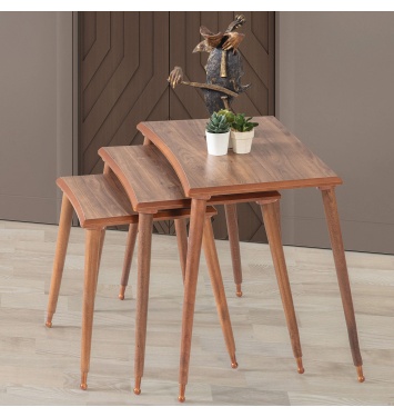 3Lü Ceviz Dikdörtgen Ahşap Zigon Sehpa Lüx Ayaklı E9