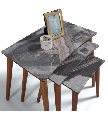 3Lü Bej Mermer Dikdörtgen Ahşap Zigon Sehpa E5