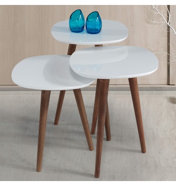 3Lü Ahşap Yuvarlak Zigon Sehpa Beyaz Polen B2