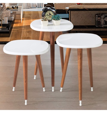 3Lü Ahşap Yuvarlak Zigon Sehpa Beyaz Mermer Lüx Ayaklı B8