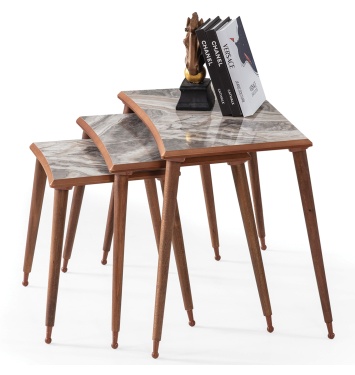 3Lü Kahve Mermer Dikdörtgen Ahşap Zigon Ceviz Kenarlı Sehpa Lüx Ayaklı E8