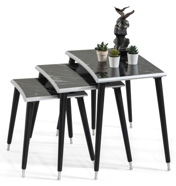 3Lü Siyah Mermer Dikdörtgen Ahşap Zigon Gümüş Kenarlı Sehpa Lüx Ayaklı E6