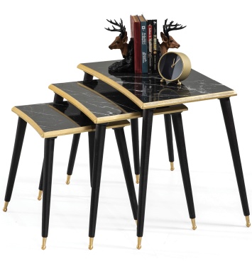 3Lü Siyah Mermer Dikdörtgen Ahşap Zigon Altın Kenarlı Sehpa Lüx Ayaklı E7