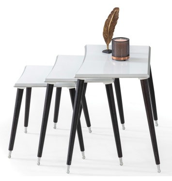 3Lü Beyaz Dikdörtgen Ahşap Zigon Sehpa Siyah Lüx Ayaklı E13