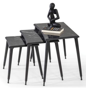 3Lü Siyah Mermer Dikdörtgen Ahşap Zigon Sehpa Siyah Lüx Ayaklı E11