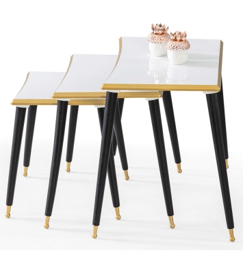 3Lü Beyaz Dikdörtgen Ahşap Zigon Gold Kenarlı Sehpa Siyah Lüx Ayaklı E14