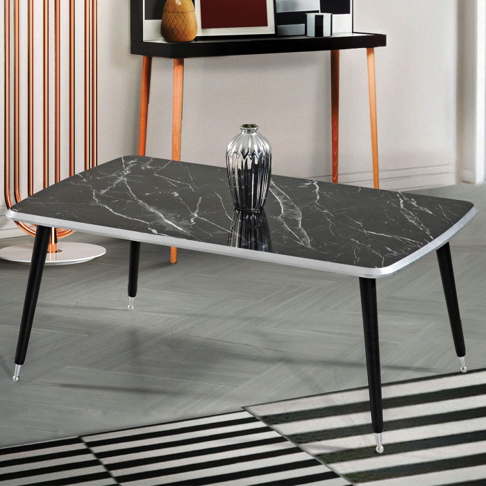 60x100 cm Lüx Ayaklı Orta Sehpa Siyah Mermer Gümüş Kenarlı A6