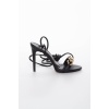Kadın siyah Bağcıklı 10 cm ince topuklu  zincir tokalı yazlık ayakkabı