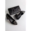 Kadın 5 cm Kalın Topuklu Mat Siyah Taş Detaylı  Çanta Kombinli Stiletto Takımı