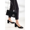 Kadın 5 cm Kalın Topuklu Siyah Süet Taş Detaylı  Çanta Kombinli Stiletto Takımı