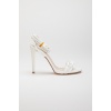 Kadın Beyaz Bağcıklı 10 cm ince topuklu  zincir tokalı yazlık ayakkabı