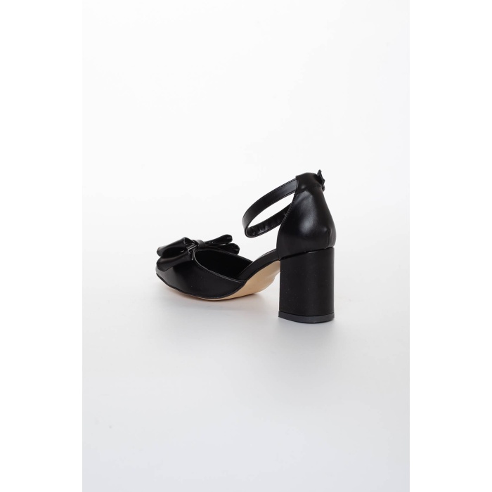 Kadın kalın kısa topuklu papyonlu yazlık ayakkabı siyah