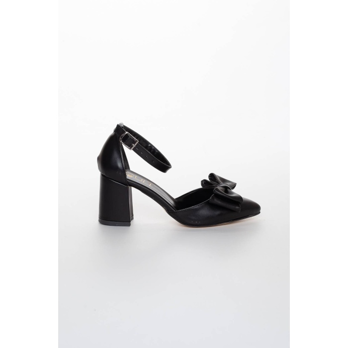 Kadın kalın kısa topuklu papyonlu yazlık ayakkabı siyah