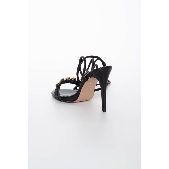 Kadın siyah Bağcıklı 10 cm ince topuklu  zincir tokalı yazlık ayakkabı