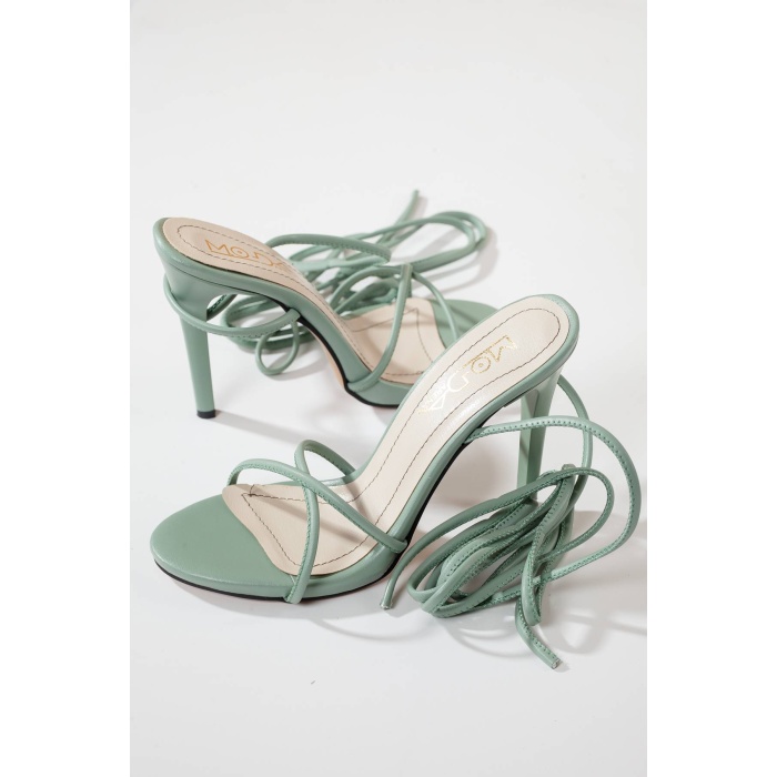Kadın Bağcıklı 10 cm ince topuklu  bagcikli su yeşili  yazlık ayakkabı