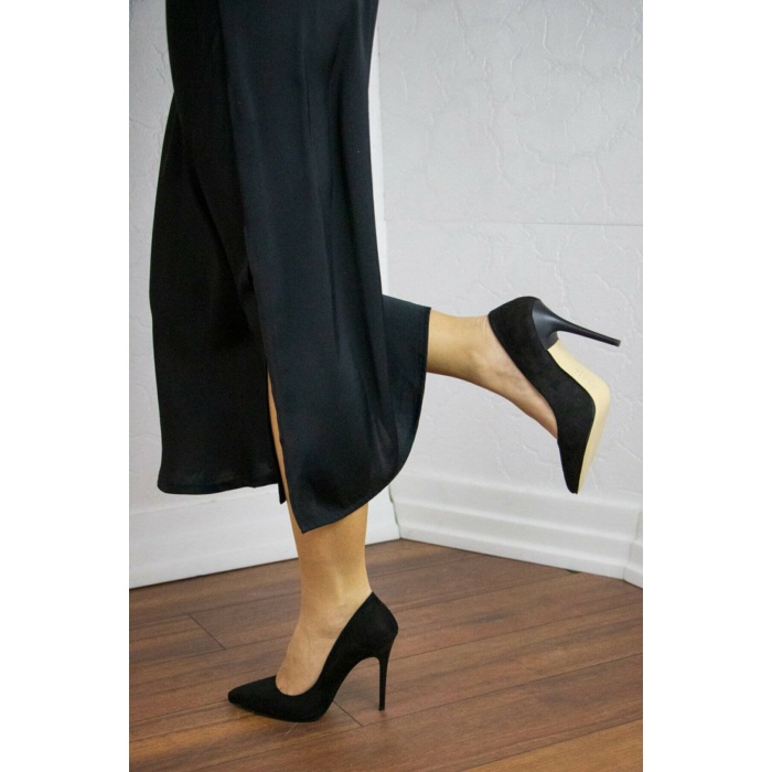 Kadın Stiletto  ince yüksek topuklu ayakkabı siyah süet