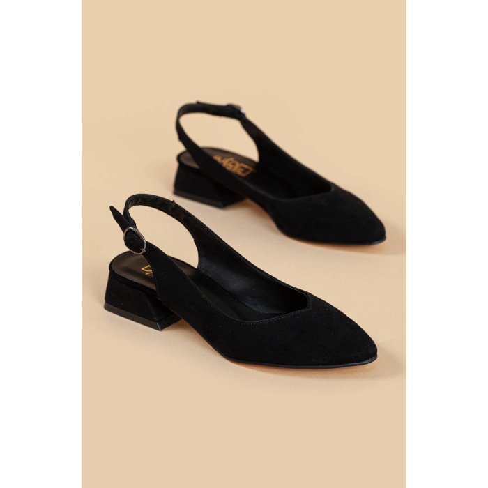 Kadın Kısa Topuklu Yazlık Siyah Süet  Ayakkabı
