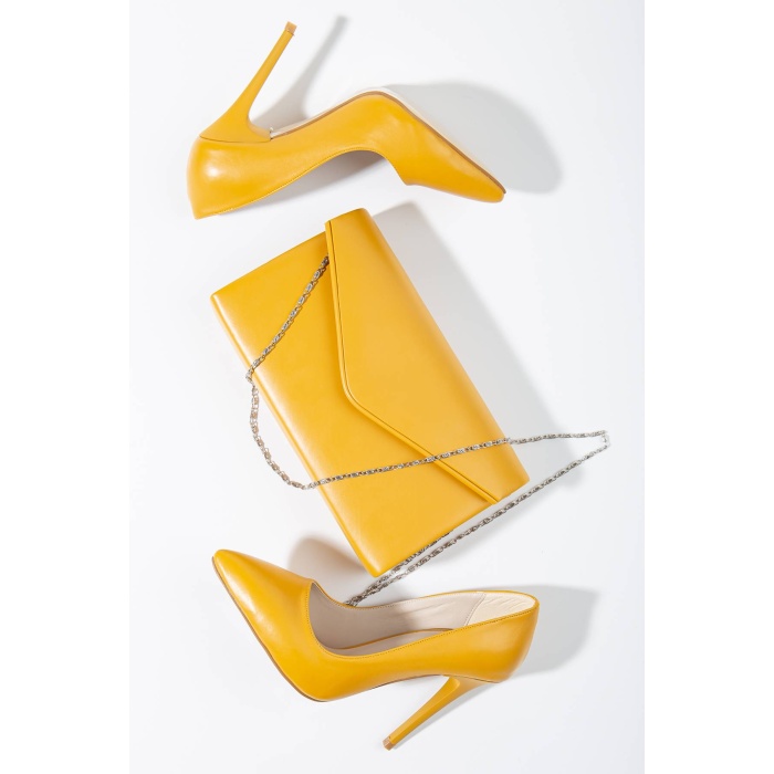 Kadın ince yüksek topuklu stiletto ve çanta takımı Hardal Sarısı