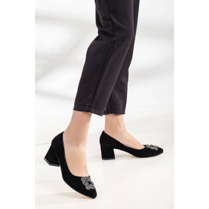 Kadın 5 cm Kalın Topuklu Siyah Süet Taş Detaylı  Çanta Kombinli Stiletto Takımı