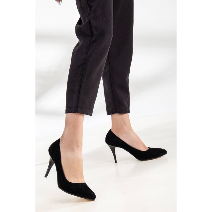 Kadın 7 cm Topuklu Siyah Süet Çanta Kombinli Stiletto Takımı