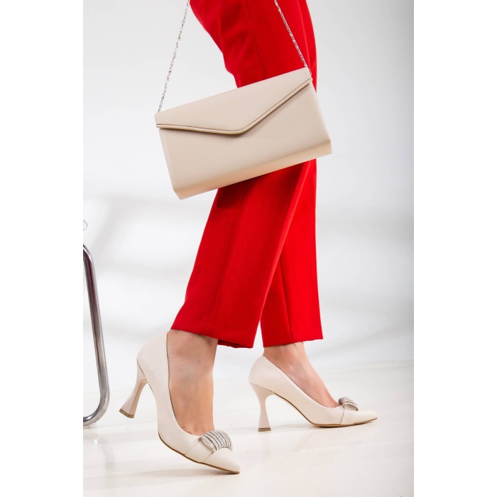 Kadın 9 cm Topuklu Bej Çanta Kombinli Stiletto Takımı