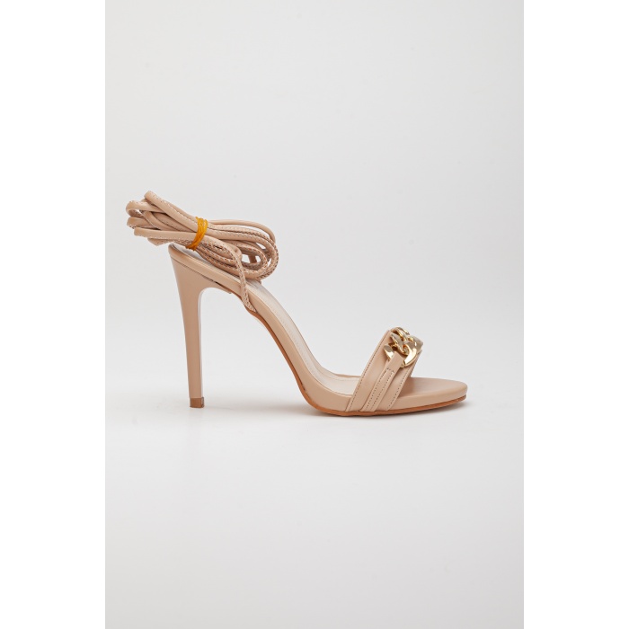 Kadın Nude Bağcıklı 10 cm ince topuklu  zincir tokalı yazlık ayakkabı