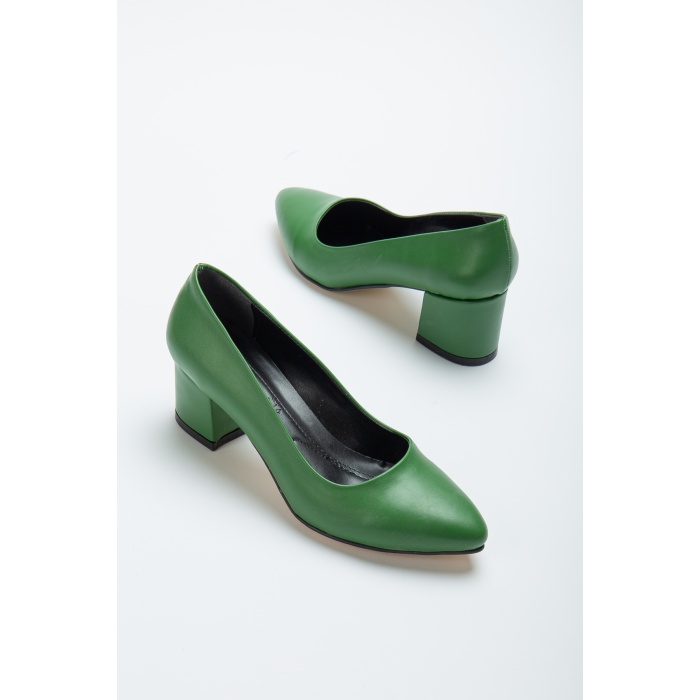 Kadın Klasik Kalın Ökçeli Mat Yeşil 5 CM Stiletto