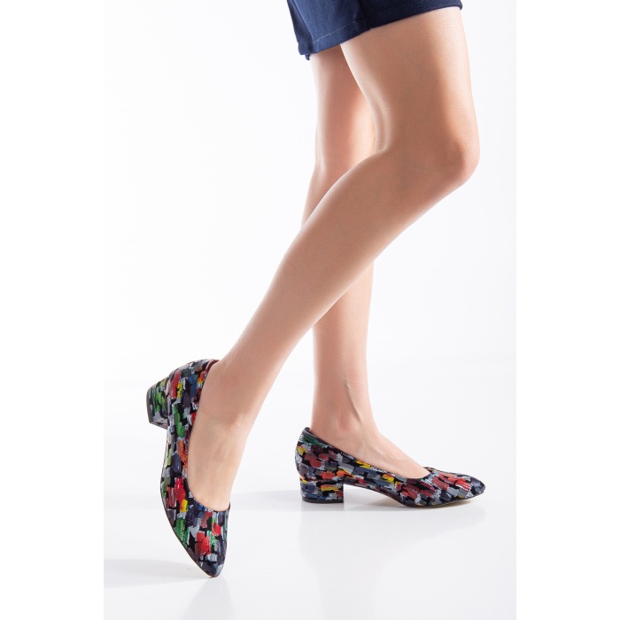 Kadın İthal Desenli Klasik Kısa Topuklu Ayakkabı