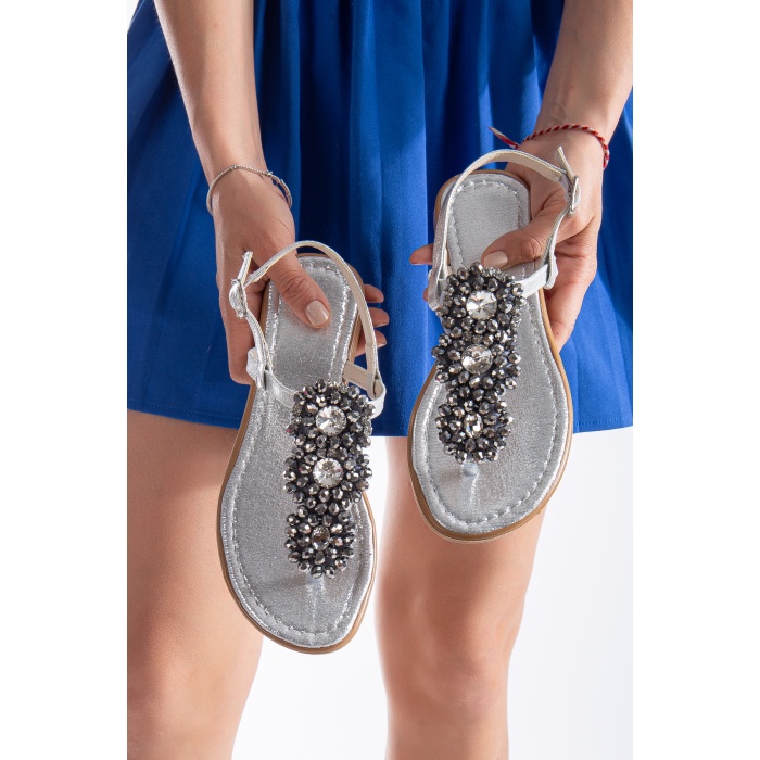 Kadın Parmak Arası Sandalet 3 taş Gümüş