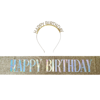 Happy Birthday  Kuşaklı Taşlı Taç Set Altın GMS-3527A