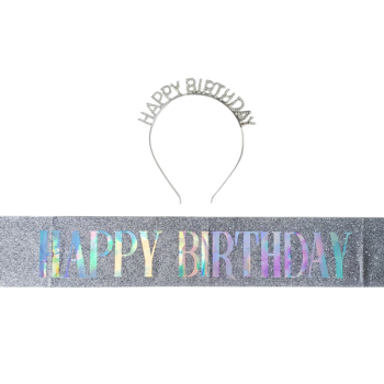 Happy Birthday  Kuşaklı Taşlı Taç Set Gümüş GMS-3527B