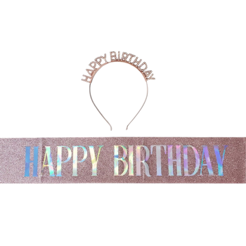 Happy Birthday  Kuşaklı Taşlı Taç Set Rose Gold GMS-3527C