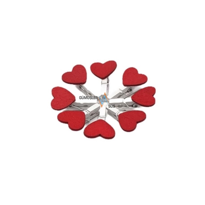 Ahşap Mini Mandal Beyaz Üzeri Kırmızı Kalpli 2.5 cm 100lü GMS-3010