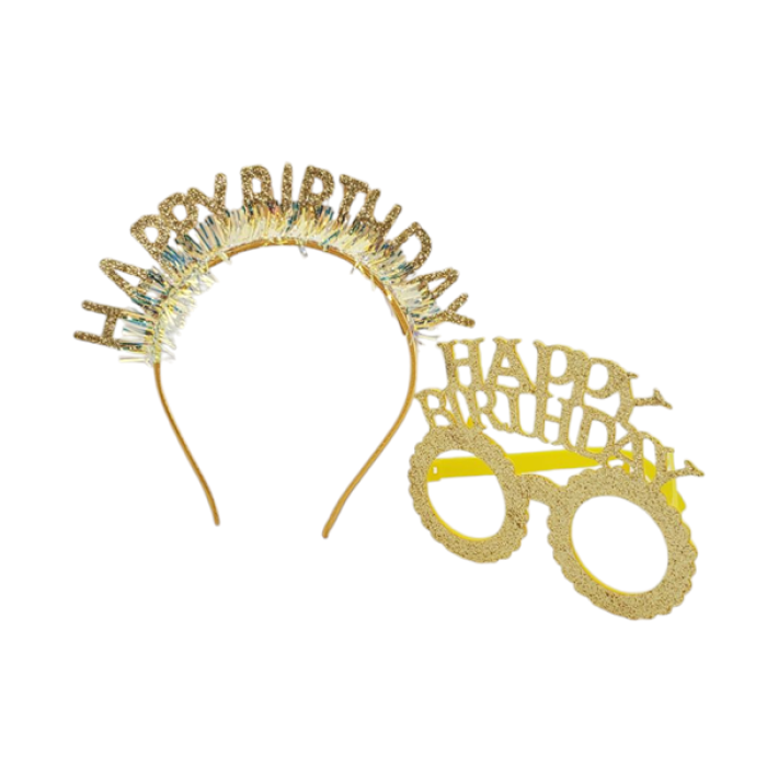 Happy Birthday Taç Gözlük Set Simli Altın GMS-3514A