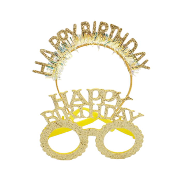 Happy Birthday Taç Gözlük Set Simli Altın GMS-3514A