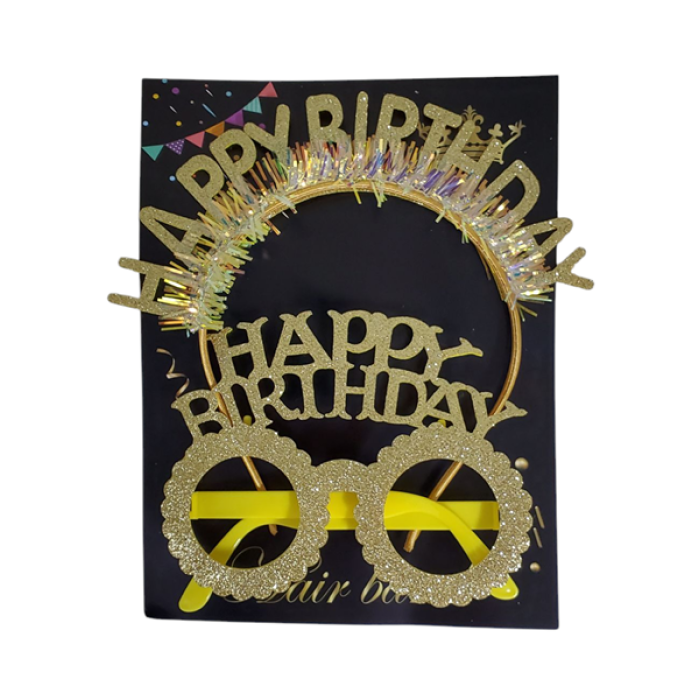 Happy Birthday Taç Gözlük Set Simli Altın GMS-3514A