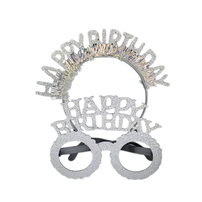 Happy Birthday Taç Gözlük Set Simli Gümüş GMS-3514B