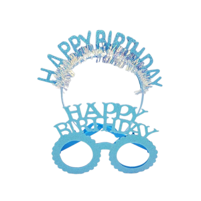 Happy Birthday Taç Gözlük Set Simli Mavi GMS-3514C