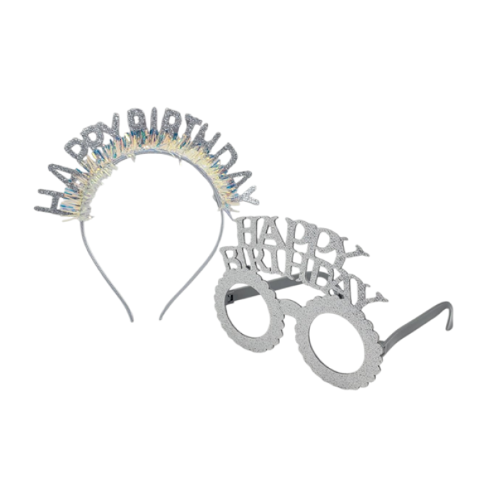 Happy Birthday Taç Gözlük Set Simli Gümüş GMS-3514B