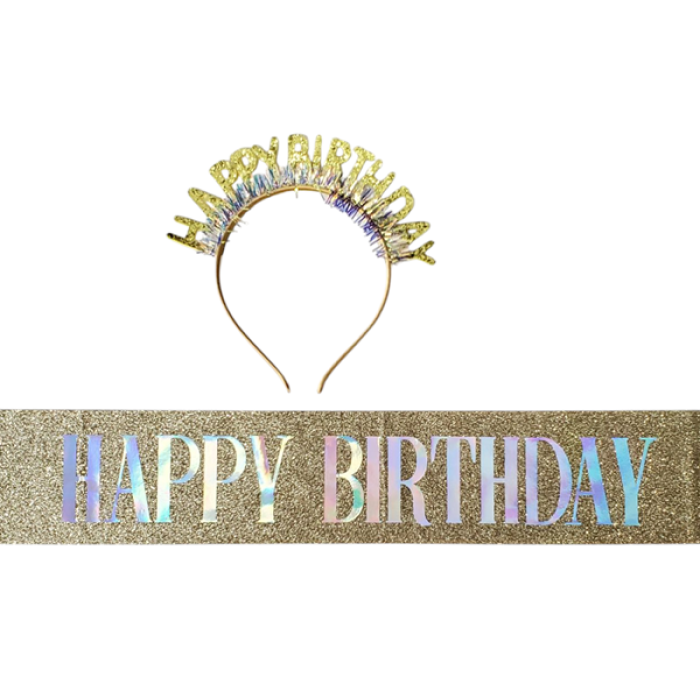 Happy Birthday  Kuşaklı Evalı Simli Taç Set Altın GMS-3528A