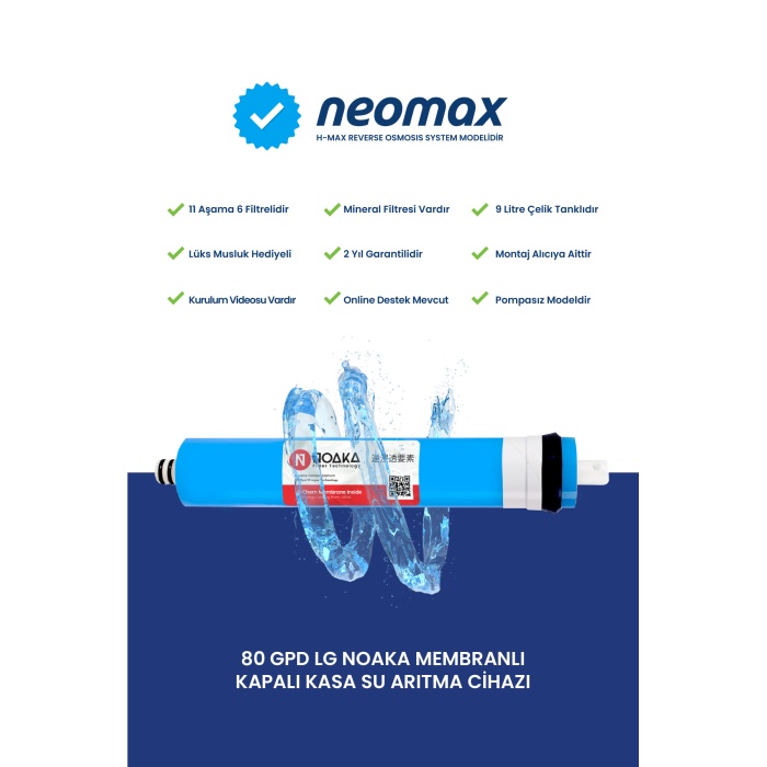 Neomax 11 Aşama LG Noaka Membranlı 9 Litre Çelik Tanklı Mineralli Su Arıtma Cihazı - 0002